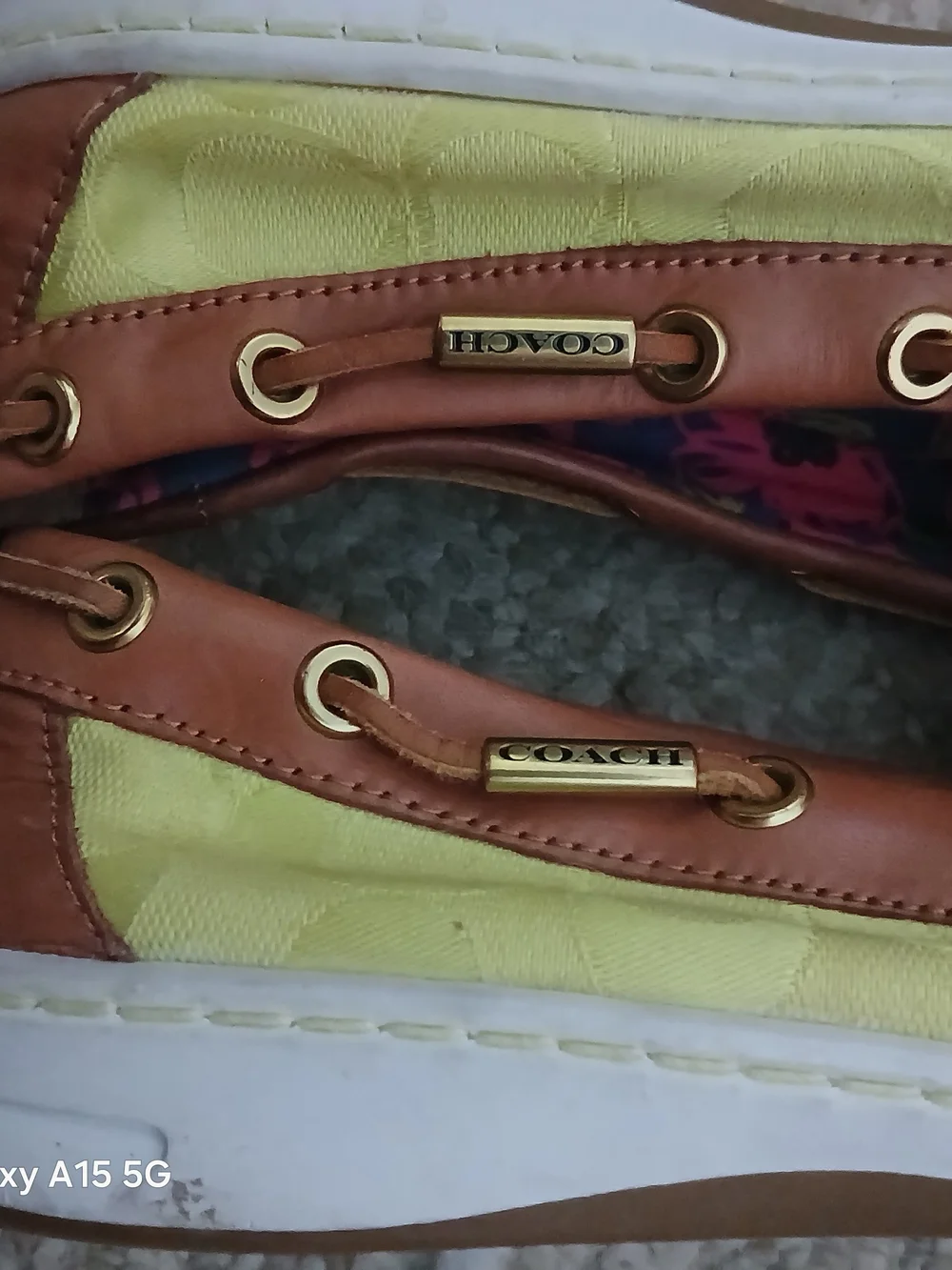 Coach Yellow Canvas and Brown Leather Trim Moccasins with Pink Printed Insole